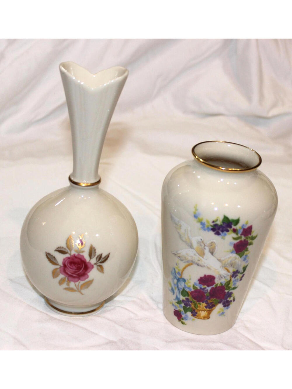 2 Lot Genuine Vtg Lenox 8” Porcelain Bud Vase + 6” The Lenox Birds of Love Vase